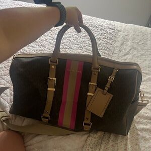 Michael Kors Brown and Pink Striped Duffel Bag